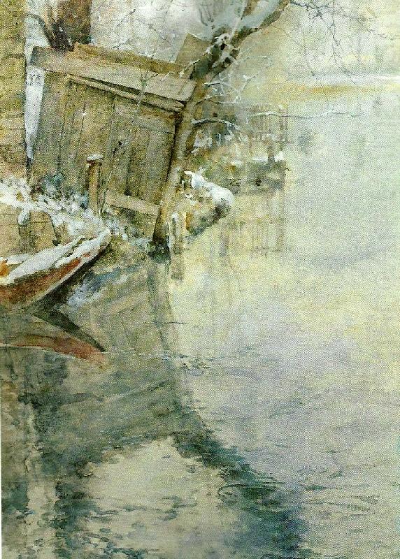 Carl Larsson vinter i grez-sur-loing-tvattbrygga vid loing-floden china oil painting image